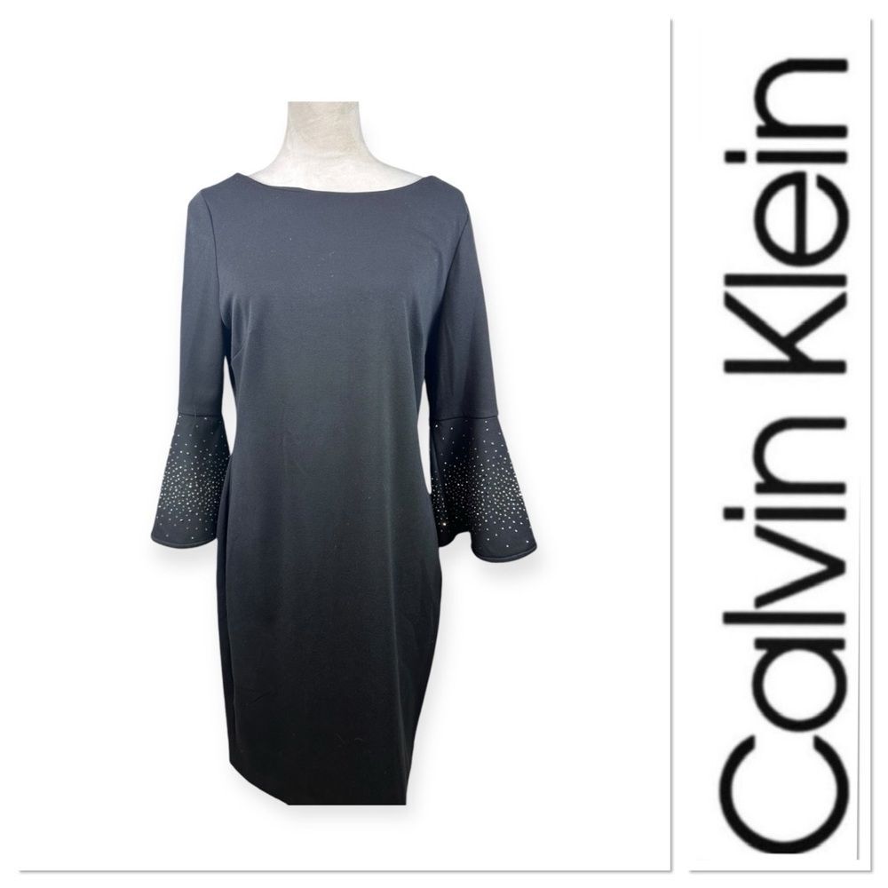 Calvin Klein Black Midi Dress with Embellished Bell Sleeves